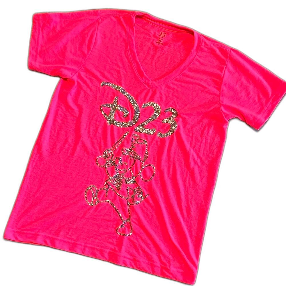D23 Disney Mickey Mouse band leader glitter design pink v-neck T-shirt Small EUC